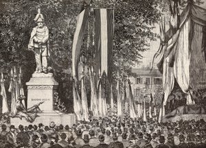 Avduking av monumentet til general Giacomo Medici, Milano, Italia, gravering fra tegning av Edoardo Ximenes fra fotografiet Rossi, fra L'Illustration Italiana, nr. 24, 15. juni av Italian School