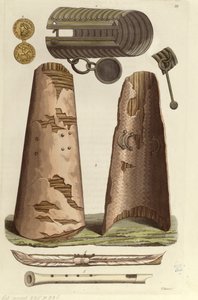 Ulike vikinggjenstander: bronsearmbånd, gullmedalje med runealfabet, skjold, fløyter. Illustrasjon av V. Raineri fra 