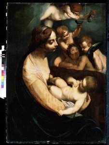 ""Madonna og barn og engler"" (Jomfru og barn med engler) Italiensk maleri fra begynnelsen av 1600-tallet. Mikhail Kroshitsky kunstmuseum, Sevastopol (Sevastopol) Ukraina av Italian School