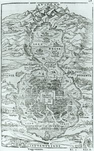 Utsikt fra nord for den aztekiske byen Tenochtitlan, fra Relatione della Citta del Temistitan av Giovanni Battista Ramusio (1485-1557) publisert i Venezia 1606 av Italian School