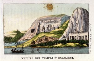 Utsikt over Abu Simbel-tempelet. Forfatteren Giovanni Battista (Gianbattista) Belzoni (1778-1823), er en italiensk oppdagelsesreisende og arkeolog, har gjort viktige arkeologiske funn i Egypt. Gravering - i "" Viaggio in Egitto e in Nubia"" av Belzoni, Mil av Italian School