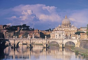 Utsikt over Sant Angelo-broen og St Peters over elven Tiberen av Italian School