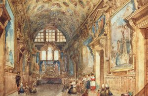 Utsikt over et interiør av Doges-palasset i Venezia, ca. 1840 (wc på vellum) av Italian School