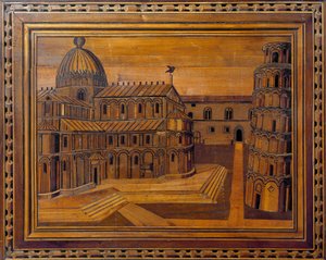 Utsikt over katedralen i Pisa (Duomo di Santa Maria Assunta di Pisa) og det skjeve tårnet (Torre-anheng) på Mirakelplassen (Piazza dei Miracoli) Marquetry fra 1400-tallet. Bevart i katedralens prestegård, Pisa av Italian School