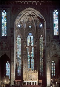 Utsikt over cappella maggiore i kirken Santa Croce, med freskomaleri, tidlig på 1300-tallet av Italian School