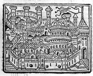Utsikt over byen Aosta i Italia. Gravering i "" Supplement til krønikene "" av Fra Jacopo Filippo Foresti, Venezia av Italian School