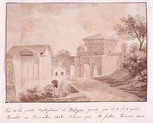 Utsikt over porten til Castiglione i Bologna, gravert av S.A.I. etter Busatti, desember 1814 (farget gravering) av Italian School