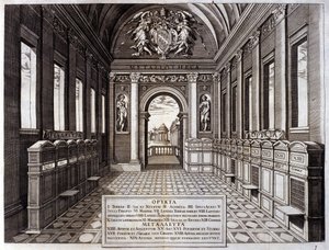 Utsikt over museet til Michele Mercati (1541-1595), forvalter av Vatikanets botaniske hage. Gravering fra "" Metallotheca..." Roma 1717 - 1719 av Italian School