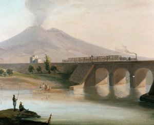 Utsikt over jernbanelinjen mellom Torre Annunziata og Nocera i Napoli-regionen som ble innviet i 1844, Vesuve er synlig i bakgrunnen (Utsikt over jernbanelinjen mellom Torre Annunziata og Nocera nær Napoli) - Maleri av Museo Nazio fra 1800-tallet av Italian School