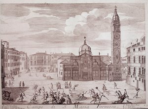 Utsikt over torget til kirken Santa Maria Formosa a Venezia Gravering fra "" Teatro di Venezia"" Venezia fra 1700-tallet, Museo Correr av Italian School