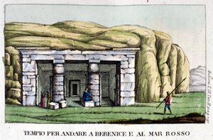 Utsikt over tempelet som ligger på vei til Berenice i dag Benghazi og til Rødehavet. Forfatteren, Giovanni Battista (Gianbattista) Belzoni (1778-1823), er en italiensk oppdagelsesreisende og arkeolog som har gjort viktige arkeologiske funn i Egypt. Engravi av Italian School
