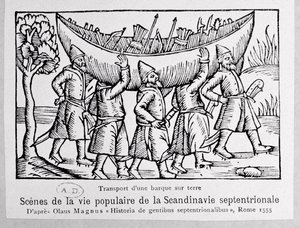 Vikinger som bærer en båt til Russland, illustrasjon fra History of the Northern Nations av Olaus Magnus (1490-1558), utgitt i Roma, 1555 av Italian School