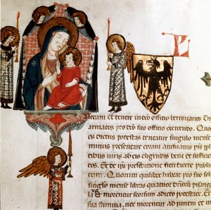 Jomfru- og barnedetalj. Miniatyr hentet fra "" Breve Populi et Compagniarum Pisani Communis"" (Statutter for byen Pisa) 1300-1308 Pisa Archives of Statue av Italian School