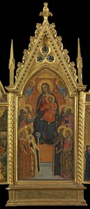 Jomfru og barn tronet med åtte hellige (midtpanel), ca. 1330-70 (tempera på panel) av Italian School