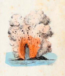 Vulkanen på de eoliske øyer i utbrudd, med et høyt lavaflod ledsaget av eksplosjonen av en rikelig mengde gass og aske, Litografi Corbetta, Milano av Italian School