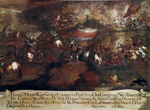 War of Candia (Kreta):: "" Slaget ved Chania ledet av Francesco Morosini (1619-1694) i august 1660" (Kretenskrigen (1645-69): angrepet av Canea ledet av Francesco Morosini i august 1660) Maleri av venetiansk skole av Italian School