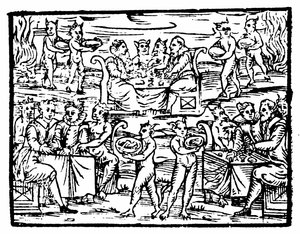 Hekser og trollmenn som fester på sabbaten, illustrasjon fra Compendium Maleficarum av Francesco Maria Guazzo, 1608 av Italian School