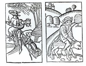 Hekser forkledd som dyr som rir på et kosteskaft (til venstre) og en mannlig heks som rir på en ulv (til høyre), kopier av illustrasjoner fra Compendium Maleficarum av Fr M Guaccius, Milano 1608, brukt i History of Magic av Italian School