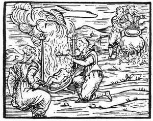 Hekser som steker og koker spedbarn, kopi av en illustrasjon fra Compendium Maleticarum av Fr M Guaccius, Milano 1608, brukt i History of Magic, utgitt sent på 1800-tallet av Italian School
