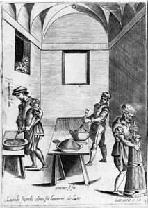 Arbeidsmelk (meieriprodukt) på et kjølig sted. Gravering fra "Opera", bok om gastronomi delt i 6 deler, av Bartolomeo Scappi, personlig kokk til pave Pius V. Venezia av Italian School