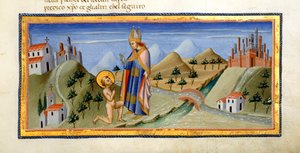 Yates Thompson 36, f.149, Den nakne figuren til St. Francis, mottar velsignelsen fra biskopen av Assisi, fra 