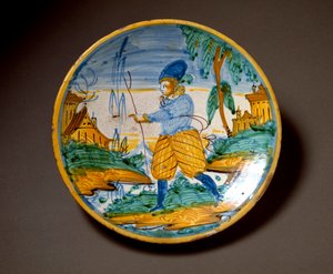 Ung mann av adelen. Keramisk plate produsert i Viterbo, Italia. Slutten av 1500-tallet Firenze, Museo Nazionale del Bargello av Italian School