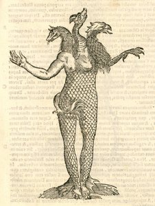 illustrasjon av et trehodet monster med hodet til en rev, drage og ørn fra Aldrovandis History of Monsters, 1642 av Italian School