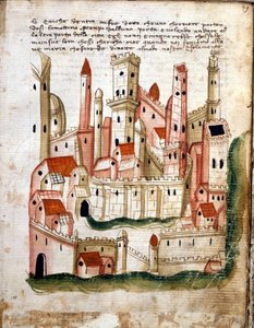 Utsikt over byen Jerusalem, fra Libro dOltramare av Niccolo da Poggibonsi (penn og blekk og tempera på vellum)