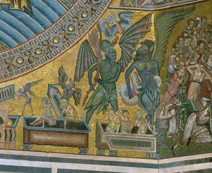 Den siste dommedag: Djevelen som drar syndere ut av gravene deres (mosaikk) av Italian school