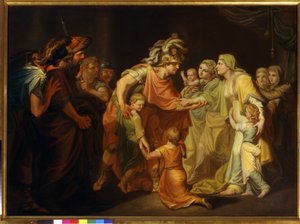 Den russiske prinsen Svyatoslav I (ca. 945-972) finner sin familie i kyiv etter felttoget på Donau i 967. Maleri av Ivan Akimovich Akimov (1754-1814) av Ivan Akimovich Akimov