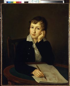 Portrett av grev Alexander Nikolayevich Mordvinov (1799-1858). (Portrett av greven A.N. Mordvinov). Ung tenåring, ved skrivebordet sitt, holder hodet og en mekanisk blyant, og observerer ansiktet til maleren hvis ansikt han tegner. Maleri av Ivan Alexeevic av Ivan Alekseevich Tyurin