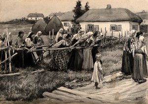 En religiøs koleraprosesjon på landsbygda i Russland fra serien med akvareller den russiske revolusjonen,