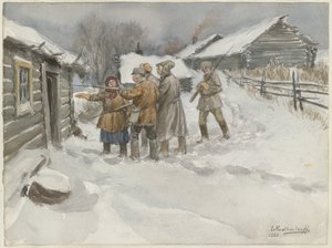 Før ransaking og beslag fra serien med akvareller russisk revolusjon, 1920 av Ivan Alexeyevich Vladimirov