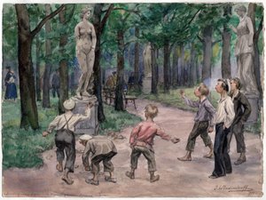 Sportskonkurranse i Imperial Garden, Saint Petersburg (barn kaster steiner mot en statue av en naken kvinne) - Sportskonkurranse i Imperial Gardens: Petrograd, juli 1921 (fra serien med akvareller russiske revolusjonen) - Vladim av Ivan Alexeyevich Vladimirov