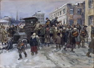 Sultne arbeidere i Petrograd ranet brød fra en militær lastebil av Vladimirov, Ivan Alexeyevich (1869-1947). Akvarell, Gouache på papir av Ivan Alexeyevich Vladimirov