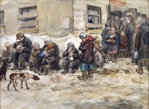 Sulten år i Petrograd. En ""Felles spisestue."" av Vladimirov, Ivan Alexeyevich (1869-1947). Akvarell, Gouache på papir. Privat samling av Ivan Alexeyevich Vladimirov
