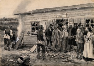 Scene i en kolerabrakke fra serien med akvareller den russiske revolusjonen, ca. 1920 av Ivan Alexeyevich Vladimirov