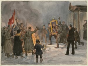 Soldater som brenner malerier (fra serien med akvareller russisk revolusjon) - Oeuvre de Ivan Alexeyevich Vladimirov (1869-1947) - 1917 - Akvarell på papir - 25,7x34,5 - Privat samling