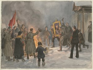 Soldater som brenner malerier fra serien med akvareller den russiske revolusjonen, 1917