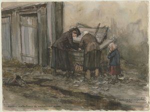 To kvinner og et barn søker gjennom søppelbøttene fra serien med akvareller den russiske revolusjonen av Ivan Alexeyevich Vladimirov