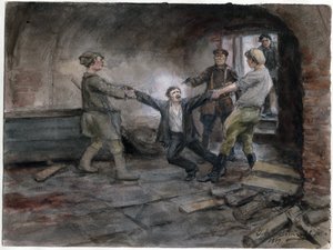 Un detenu emmene pour etre execute - Mann holdes og henrettes (fra serien av akvareller russiske revolusjonen) - Vladimirov, Ivan Aleksijevitsj (1869-1947) - 1919 - Akvarell på papir - 25,7x34,5 - Privat samling av Ivan Alexeyevich Vladimirov