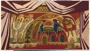 Dekor for operaen ""Tsarens brud"" av Nicolas (Nikolai) Rimsky Korsakov (Rimsky-Korsakov) (1844-1908). Verk av Ivan Yakovlevich Bilibin (Bilibin) (1876-1942), akvarell og gouache på papir av Ivan Yakovlevich Bilibin