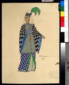 Drakttegning til operaen Den gyldne hane av Nicolas (Nikolai) Rimsky Korsakov (Rimsky-Korsakov) (1844-1908) (Kostumedesign for operaen Den gyldne hane av N. Rimsky-Korsakov (Rimsky Korsakov). Maleri av Ivan Yakolevich Bilibin (Bilibin) (1876-19). av Ivan Yakovlevich Bilibin