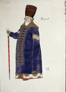 Kostymetegning for operaen ""den gyldne hane"" av Nicholas (Nikolai) Rimsky Korsakov (Rimsky-Korsakov) (1844-1908) (Kostumedesign for operaen Den gyldne hane av N. Rimsky-Korsakov (Rimsky). Korsakov) .Tegning av Ivan Yakolevich Bilibin (Bilibin) (1876- av Ivan Yakovlevich Bilibin