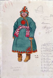 Kostymetegning for operaen ""The Tales of Tsar Saltan"" av Nicholas (Nikolai) Rimsky Korsakov (Rimsky-Korsakov) (1844-1908) (Kostumedesign for operaen The Tale of Tsar Saltan av N. Rimsky-Korsakov (Rimsky) Korsakov). Tegning av Ivan Yakolevich Bilibin av Ivan Yakovlevich Bilibin