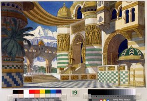 Forberedende tegning til dekoren av operaen "Rouslan og Ludmila" av Mikhail Igor Glinka (1804-1857) (Scenedesign for operaen Ruslan og Ludmila av M.Glinka). Maleri av Ivan Yakolevich Bilibin (Bilibin) (1876-1942). Akvarell og blekk på papir, 3 av Ivan Yakovlevich Bilibin