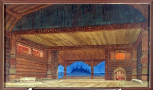 Forberedende tegning til dekoren av operaen Ruslan og Ludmila av Mikhail Igor Glinka (1804-1857) (Scenedesign for operaen Ruslan og Ludmila av M.Glinka). Maleri av Ivan Yakolevich Bilibin (Bilibin) (1876-1942). Akvarell på papir, 36 x 61 cm av Ivan Yakovlevich Bilibin