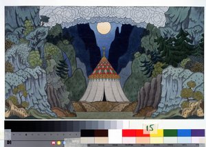Forberedende tegning til settet til operaen ""den gyldne hane"" av Nicholas (Nikolai) Rimsky Korsakov (Rimsky-Korsakov) (1844-1908) (Scenedesign for operaen The Golden Cockerel av N. Rimsky-Korsakov (Rimsky Korsakov) Tegning av Ivan Yakolevich Bilibin (Bil av Ivan Yakovlevich Bilibin