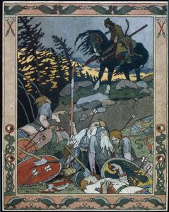 Illustrasjon til eventyret Maria des mers (Illustrasjon til eventyret Marya Morevna). Prins Ivan oppdager hæren beseiret av Maria Morevna, krigerdronningen. Verk av Ivan Yakovlevich Bilibin (Bilibin) (1876-1942), akvarell og blekk på papir av Ivan Yakovlevich Bilibin