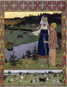 Illustrasjon for den tradisjonelle historien Alyonouchka og Ivanouchka. Verk av Ivan Yakovlevich Bilibin (Bilibin) (1876-1942), litografi av Ivan Yakovlevich Bilibin